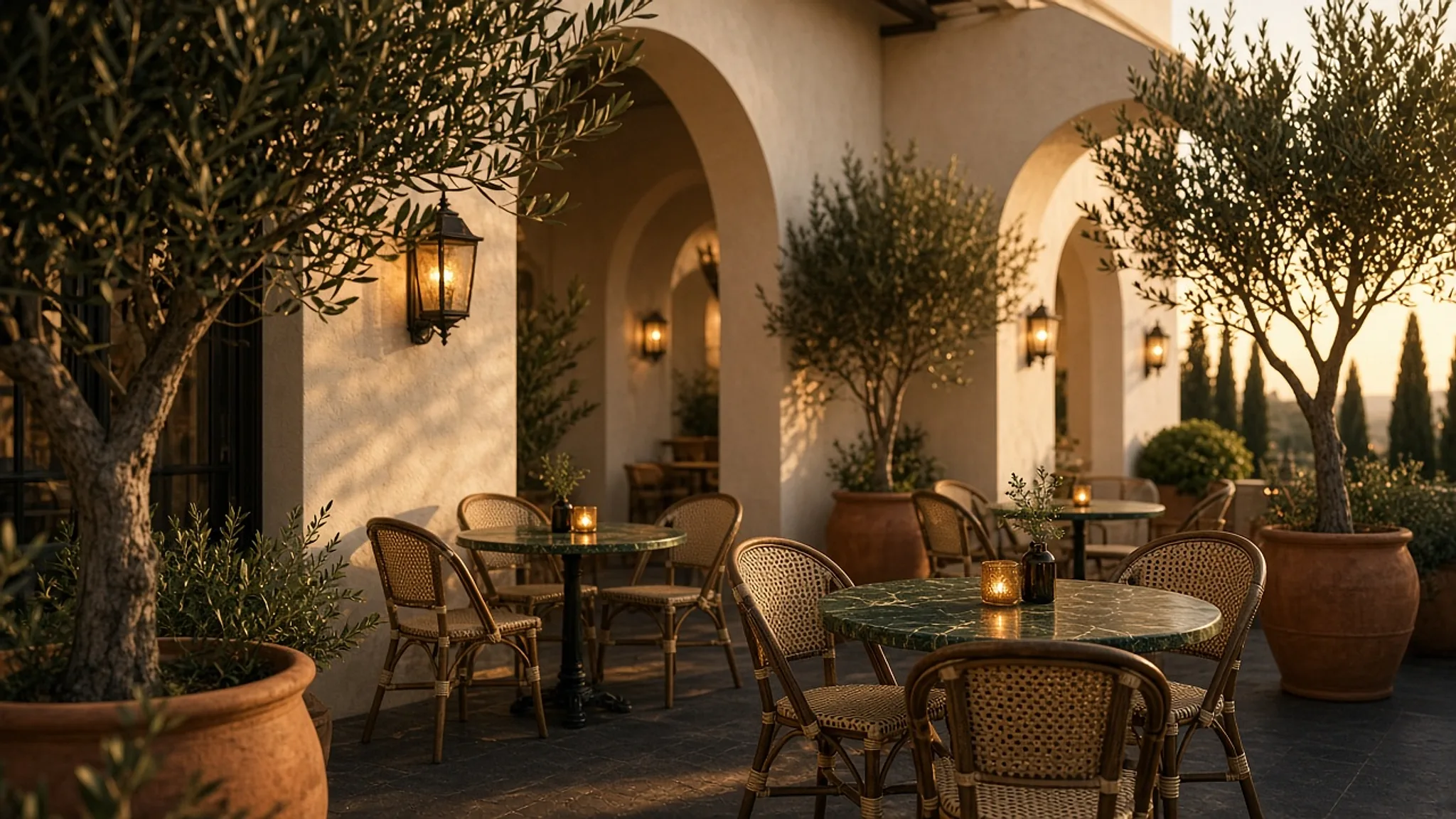Warm, lantern-lit courtyard of the cafe at dusk, with arched doorways, olive trees and green marble tables.